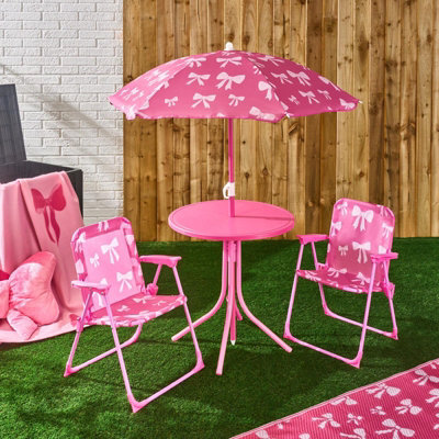 Ohs Kids Bows Folding Bistro Set Table Chair With Parasol Garden Patio - image 1