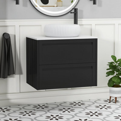 Royal Bathrooms Royal Bathroom Elmore 700mm Matt Nocturne Black Wall Mounted Bathroom Vanity Unit 2 Drawer Plain White Worktop With Milan Basin - image 1