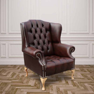 Chesterfield High Back Wing Chair Buttoned Seat Antique Brown Leather In Mallory Style - image 1