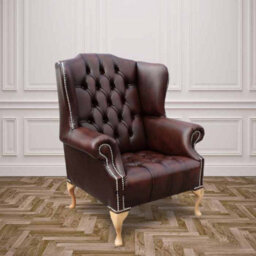 Chesterfield High Back Wing Chair Buttoned Seat Antique Brown Leather In Mallory Style - thumbnail 1