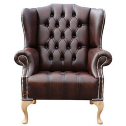 Chesterfield High Back Wing Chair Buttoned Seat Antique Brown Leather In Mallory Style - thumbnail 4