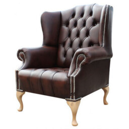 Chesterfield High Back Wing Chair Buttoned Seat Antique Brown Leather In Mallory Style - thumbnail 3