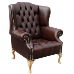 Chesterfield High Back Wing Chair Buttoned Seat Antique Brown Leather In Mallory Style - thumbnail 2