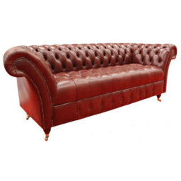 Chesterfield 3 Seater Old English Chestnut Leather Buttoned Seat Sofa In Balmoral Style - thumbnail 2