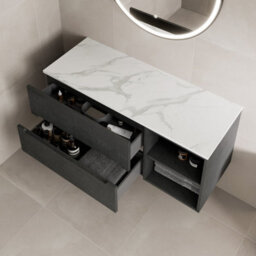 Affine 1200mm Bathroom Vanity Unit White Marble Countertop Wall Hung Fluted Black Unit - thumbnail 3