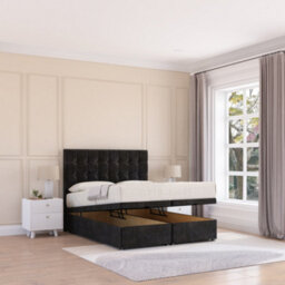 Sloomy Alabama End Lift Ottoman Bed 4Ft6 With Sprung Memory Mattress - Black Plush & Headboard- Double - thumbnail 1