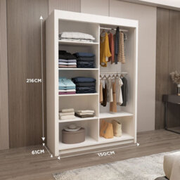 Interior Emporium Ie Oslo Wradrobe With Rails & Shelves With Led Light Sliding Door Wardrobe With Led Light ( White , 150 Cm ) - thumbnail 2