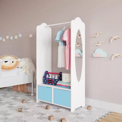 Urbn-Living Urbnliving 120Cm Height Kids White Wooden Hanging Clothes Rail Sky Blue Wardrobe Storage Shelves With Mirror - image 1