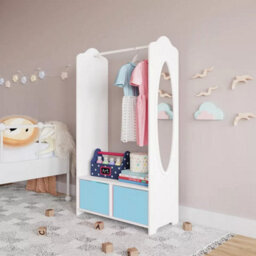 Urbn-Living Urbnliving 120Cm Height Kids White Wooden Hanging Clothes Rail Sky Blue Wardrobe Storage Shelves With Mirror
