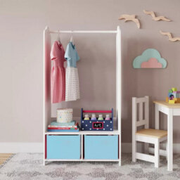 Urbn-Living Urbnliving 120Cm Height Kids White Wooden Hanging Clothes Rail Sky Blue Wardrobe Storage Shelves With Mirror - thumbnail 2