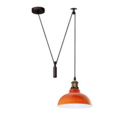 Orange Industrial Pulley Pendant Light Rustic Farmhouse Style Hanging Lamp With Adjustable Height For Kitchen Island