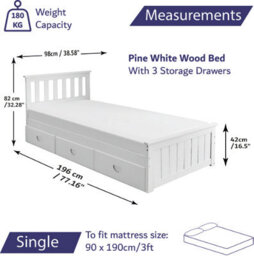 Home Treats Single Wooden Bed With 3 Storage Drawers Pine White - Hybrid Mattress - thumbnail 3