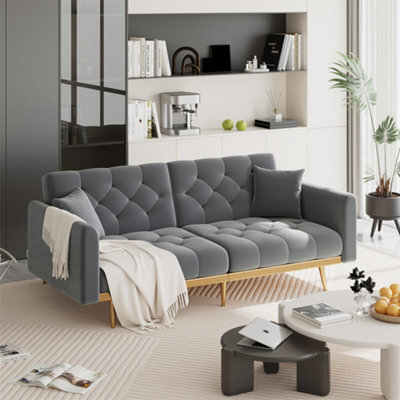 Abrihome Modern 2-Seater Velvet Sofa With 3-Speed Adjustable Backrest, Thick Cushions & Gold Metal Legs, Grey - image 1