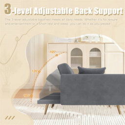 Abrihome Modern 2-Seater Velvet Sofa With 3-Speed Adjustable Backrest, Thick Cushions & Gold Metal Legs, Grey - thumbnail 3