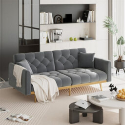 Abrihome Modern 2-Seater Velvet Sofa With 3-Speed Adjustable Backrest, Thick Cushions & Gold Metal Legs, Grey - thumbnail 1