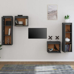 Berkfield Tv Cabinets 4 Pcs Grey Solid Wood Pine - thumbnail 3