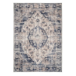 Loomed Beige Blue Distressed Vintage Medallion Washable Living Room Area Rug 120Cm X 170Cm - thumbnail 2