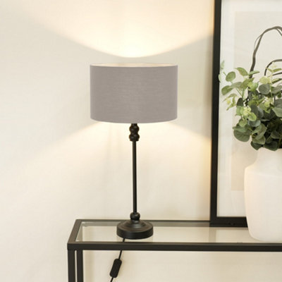 Valuelights Maggie Black Metal Candlestick Slim Table Lamp With Grey Fabric Drum Lamp Shade - image 1