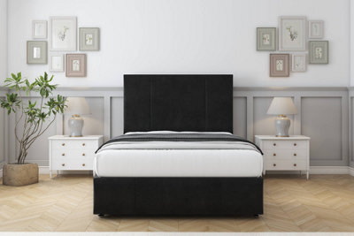 "Comfort Arya Black Plush Divan Bed Set 2 Drawers Left Side - 26"" Strutted & 12"" Footboard 4' Small Double" - image 1