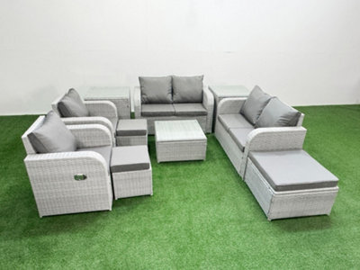 Fimous 9 Seater Outdoor Reclining Chair Love Sofa Set Rattan Garden Furniture Set Square Coffee Table 3 Stools 2 Side Table - image 1