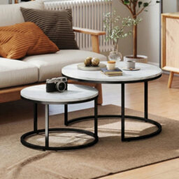 2 Pcs Stacking Coffee Table Set Steel Frame, Marble White - thumbnail 6