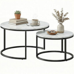 2 Pcs Stacking Coffee Table Set Steel Frame, Marble White - thumbnail 3