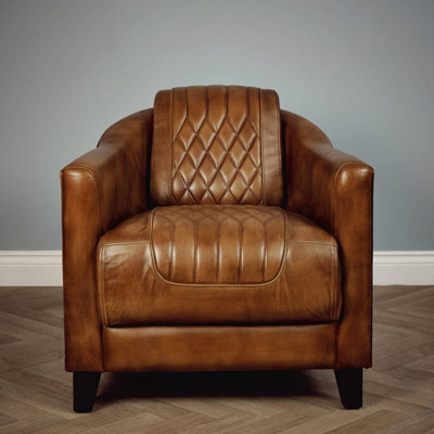 Elm Home And Products Real Genuine Leather Tub Aviator Wing Accent Arm Chair Brown Tan - image 1