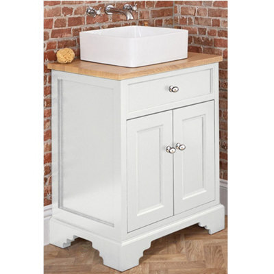 Homestylestore 645mm Antique White And Oak Bathroom Vanity Unit With Square Countertop Basin And Chrome Round Handles - image 1