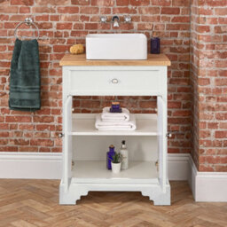 Homestylestore 645mm Antique White And Oak Bathroom Vanity Unit With Square Countertop Basin And Chrome Round Handles - thumbnail 4