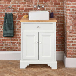 Homestylestore 645mm Antique White And Oak Bathroom Vanity Unit With Square Countertop Basin And Chrome Round Handles - thumbnail 3