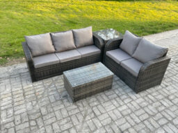 Fimous 5 Seater Rattan Wicker Garden Furniture Patio Conservatory Sofa Set With Coffee Table 3 Seater Sofa Love Sofa Side Table