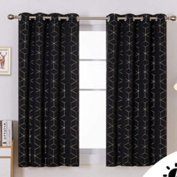 Deconovo Blackout Thermal Ring Top Curtains, Gold Diamond Printed Eyelet Curtains For Bedroom, 46 X 54 Inch, Black, One Pair - thumbnail 4