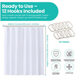 Neel Blue Shower Curtain With Hooks, Water-Resistant Vinyl Fabric, 180Cm X 180Cm White - thumbnail 2