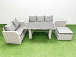 Fimous Garden Furniture Set Pe Ratten Garden Sofa Set With Rectangular Dining Table Big Stool 2 Side Tables Light Grey - thumbnail 1