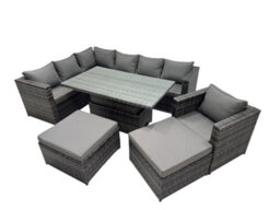 Fimous 9-Seater Height Adjustable Rising Lifting Table Corner Sofa Set Rattan Garden Furniture Set With 2 Big Stool Dark Grey - thumbnail 1