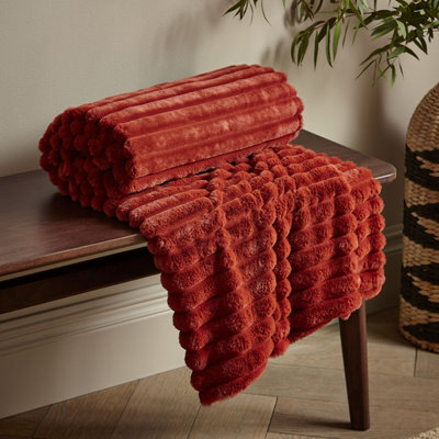Catherine Lansfield Cosy Ribbed Faux Fur Blanket Throw Burnt Orange - image 1