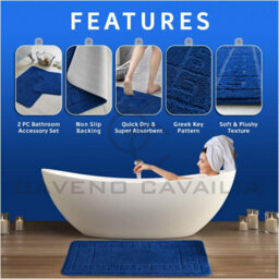Gc Gaveno Cavailia Grecian Grace 2 Piece Bath Mat Set Royal Blue Quick Dry Water Absorbent Bathroom Shower Mat & Pedestal Set - thumbnail 2