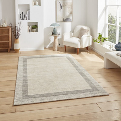 Beige Grey Bordered 15mm Thick Modern Rug, Stain-Resistant Rug For Living Room, Bedroom, & Dining Room-160Cm X 230Cm - image 1