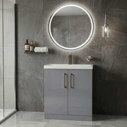 Balterley Bramshall Contemporary Bathroom Floor Standing 2-Door Vanity Unit & Mid-Edge Basin, Satin Grey, 800mm - thumbnail 2