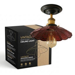 Industrial Semi-Flush Mount Led Ceiling Light - 22Cm E27 Base Rustic Red Metal Shade For Farmhouse Kitchen Bathroom