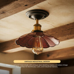 Industrial Semi Flush Mount Led Ceiling Light 22Cm E27 Base Rustic Red Metal Shade For Farmhouse Kitchen Bathroom - thumbnail 5