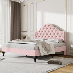 Matteo Pink Velvet Upholstered Double Bed With Height-Adjustable Headboard And Wooden Slat Support, 135X190 Cm - thumbnail 4