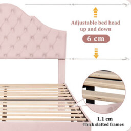 Matteo Pink Velvet Upholstered Double Bed With Height-Adjustable Headboard And Wooden Slat Support, 135X190 Cm - thumbnail 7