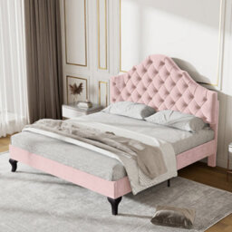 Matteo Pink Velvet Upholstered Double Bed With Height-Adjustable Headboard And Wooden Slat Support, 135X190 Cm - thumbnail 3