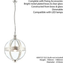Hanging Ceiling Pendant Light Nickel & Clear Glass Vintage Lamp Bulb Orb Shade - thumbnail 2
