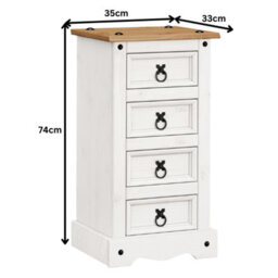 Mercers Furniture Corona White 4 Drawer Narrow Bedside Chest Table Cabinet Solid Pine With Mexican Styling - thumbnail 4