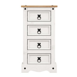 Mercers Furniture Corona White 4 Drawer Narrow Bedside Chest Table Cabinet Solid Pine With Mexican Styling - thumbnail 3