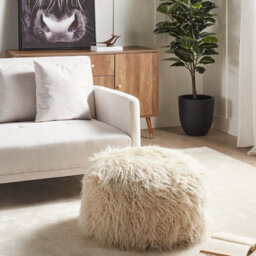 Wyld And Coco Bohonest Pouffe Light Beige Faux Fur Footstool With Eps Beads Filling, Round Compact Shape W50 X D50 X H30Cm - thumbnail 1