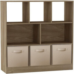 Urbn-Living Urbnliving Asymmetrical 8 Cube Oak Bookcase Storage Unit With 3 Fabric Drawer Inserts- Beige - thumbnail 1