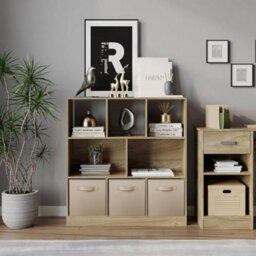 Urbn-Living Urbnliving Asymmetrical 8 Cube Oak Bookcase Storage Unit With 3 Fabric Drawer Inserts- Beige - thumbnail 2